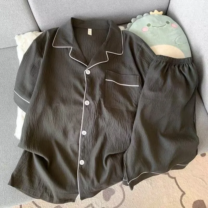 Youth Men's Slim Fit New Pajamas Set Solid Color Short Sleeve Lapel Top and Elastic Shorts Summer Loungewear Sleepwear Homewear