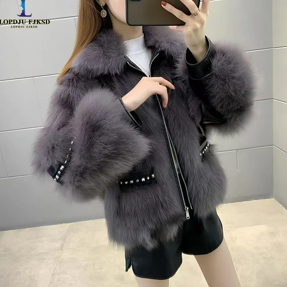 

Faux Fur Coats for Women,Turn-down Collar Jackets,Korean Overcoat,Female Clothes,Rivet,Thicken Warm,New ,Winter,2024