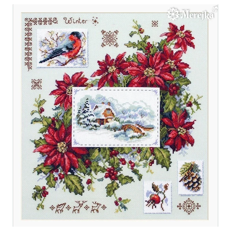 Amishop Counted Cross Stitch Kit Spring Summer Autumn Fall Winter Sampler Four Seasons Flowers Bird Bunny Poppy Merejka K-119