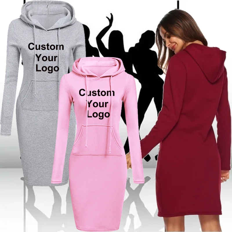 

Women Custom Your Logo Hoodie Dress Long Sleeve Hoodie Casual Hooded Jumper Pockets Sweater Tops