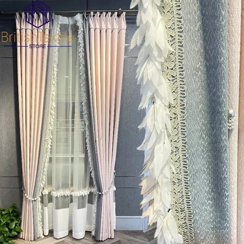 

Light Luxury Curtains for Living Dining Room Bedroom French Romantic Feather Lace Stitching Window Tulle Finished Products