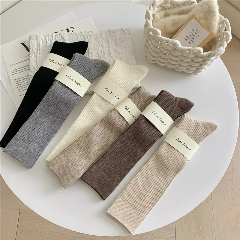 2 Pairs Women Long Socks Winter Wool Socks Boot Solid Cashmere Warm Thigh Stocking Skinny Over Knee-High Fluffy Long Knee Socks