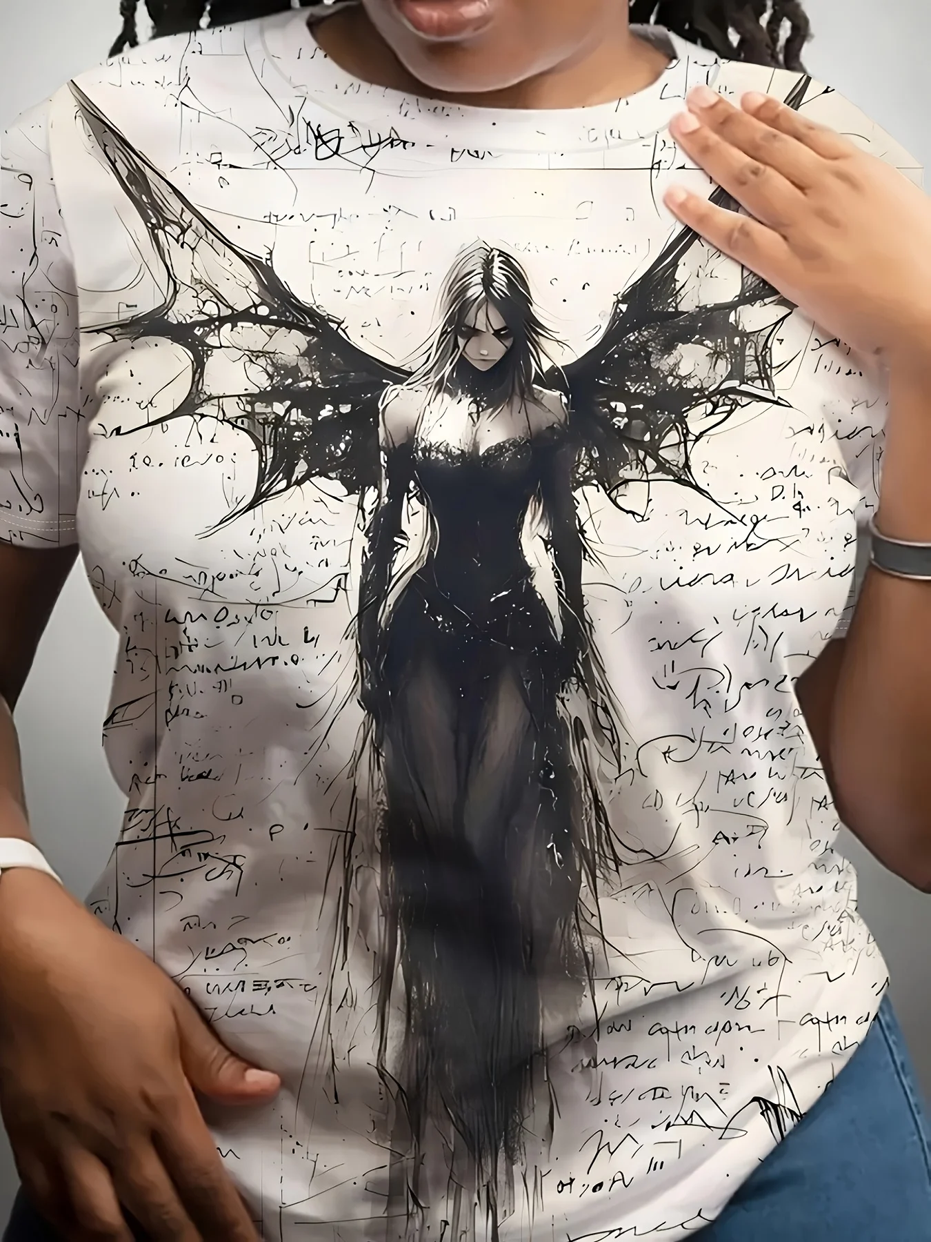 Women Short Sleeve T‑Shirt Gothic Dark Angel Warrior Figure Vintage Manuscript Print Round Neck Loose Summer Tops