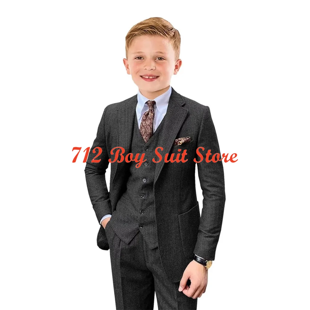 Terno de espinha de peixe para meninos, tweed, jaqueta slim fit, colete, calças, conjunto de 3 peças, festa de casamento, smoking formal, roupa