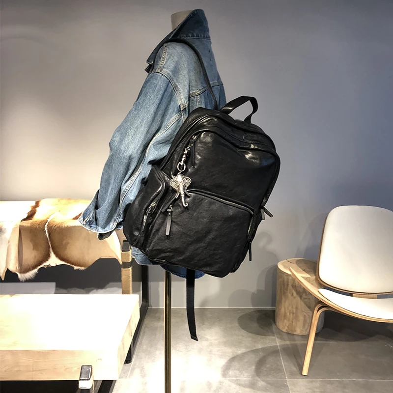 LuxuryPure leather, outstanding aura! Cowhide backpack Men Black leather school bag laptop backpack retro travel backpac