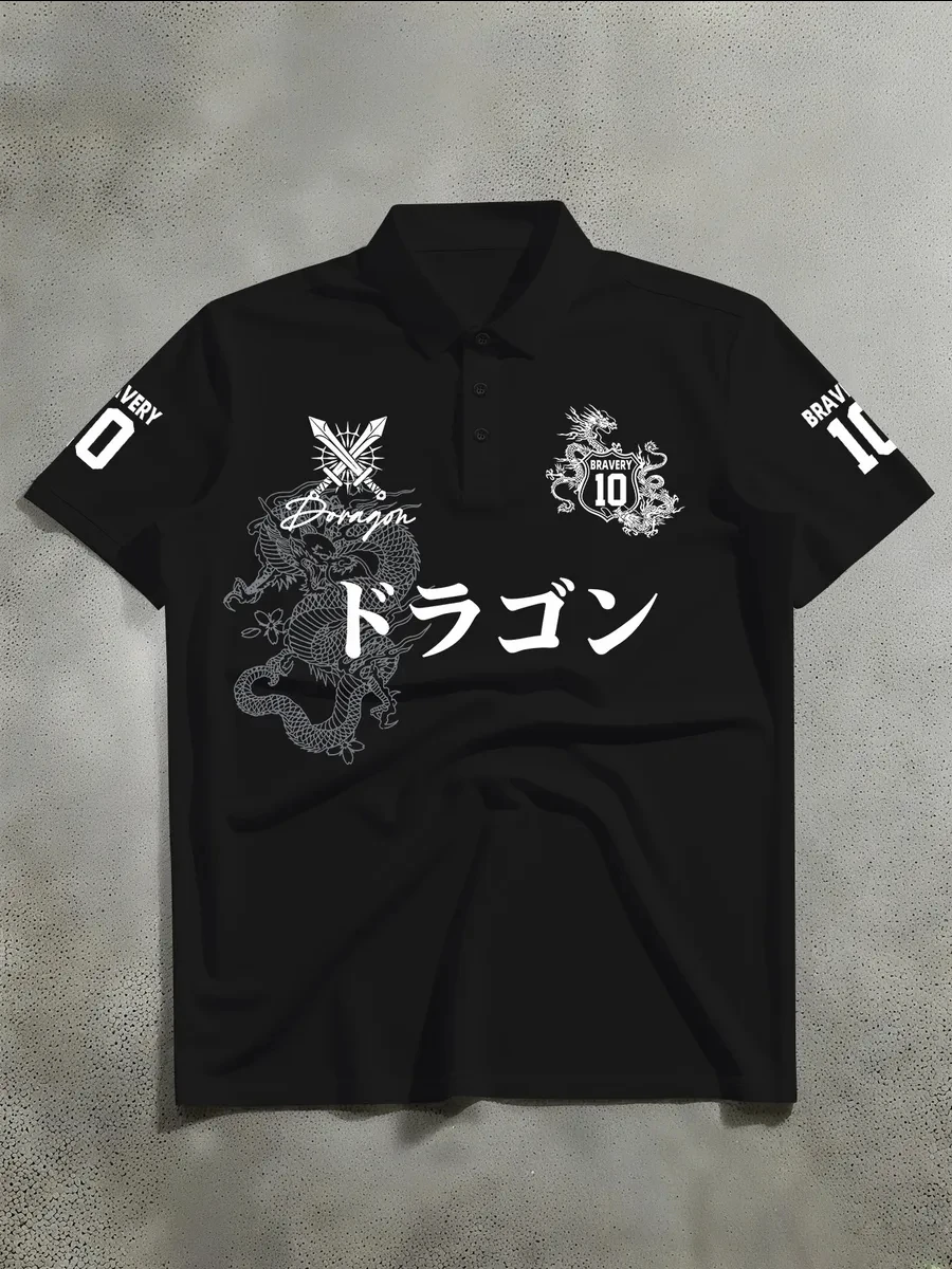 Black and White Short Sleeved Polo Shirt That Blends Japanese Traditional and Modern Street Style