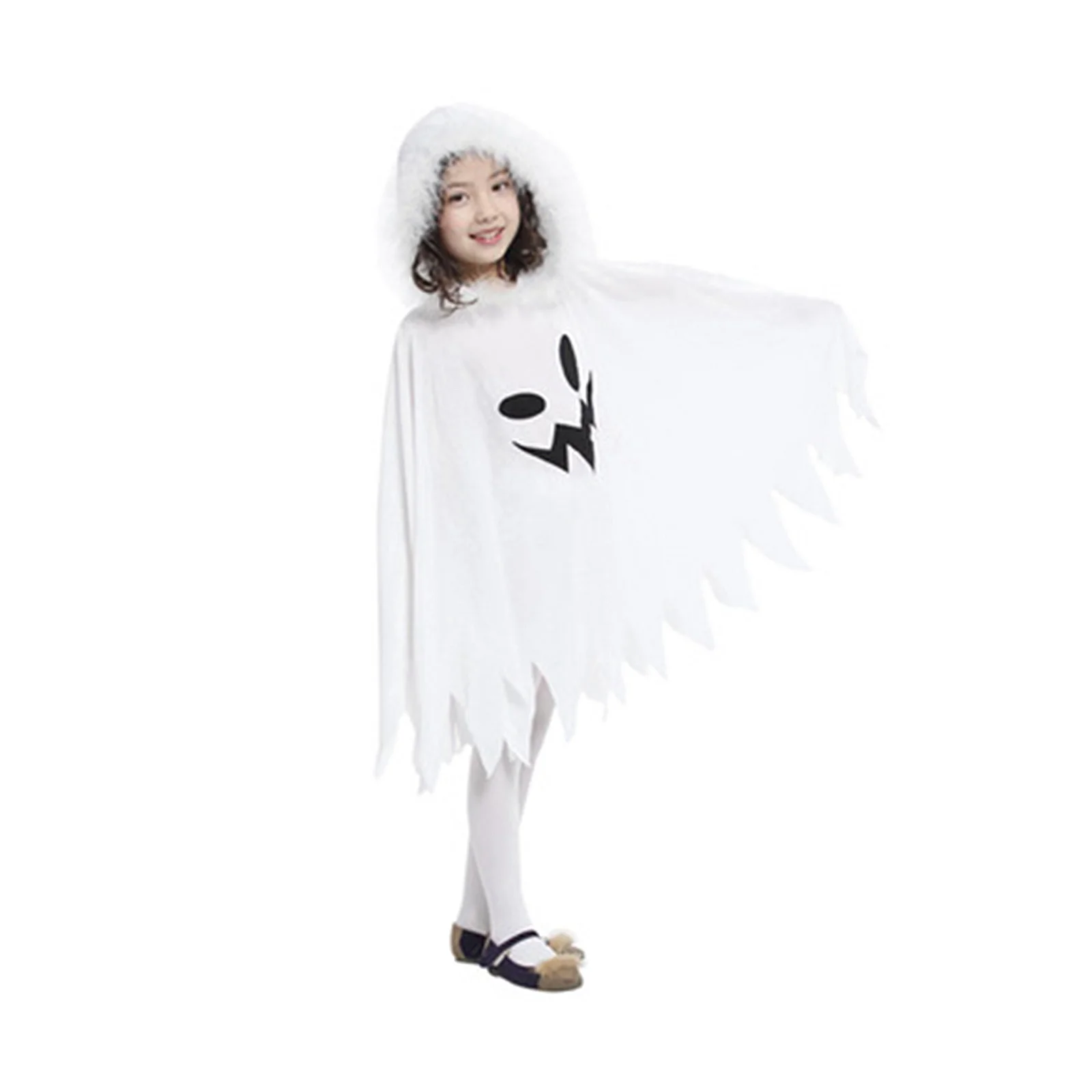 Cape d'Halloween à Capuche Blanche pour Enfant, Costume de Cosplay à Franges, Imprimé Fantôme Drôle, pour Performance sur Scène