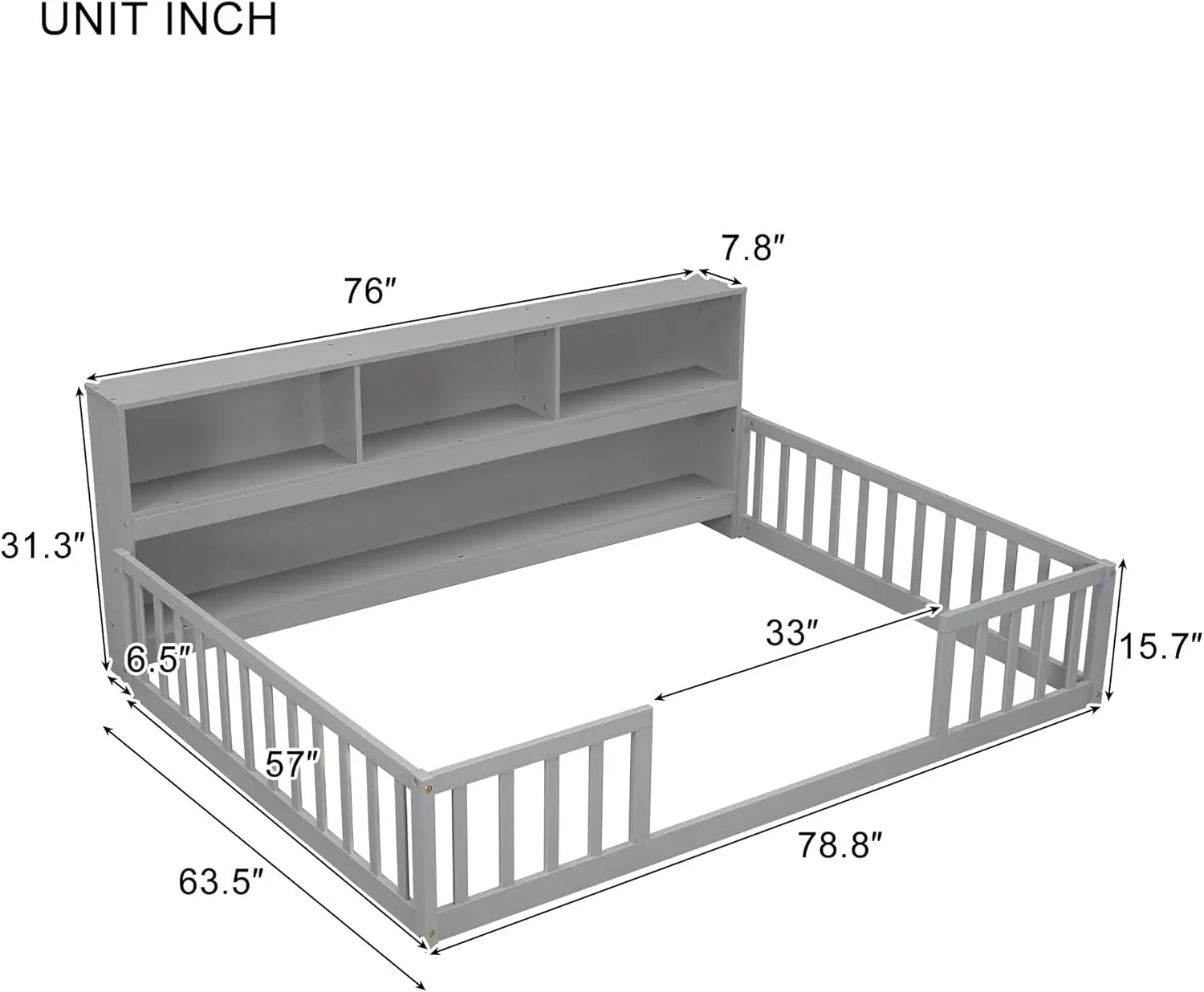 سرير أرضية من Bellemave Kids Montessori، سرير أرضي كامل الحجم مع خزانة كتب ورفوف، إطار سرير كامل مع درابزين لـ