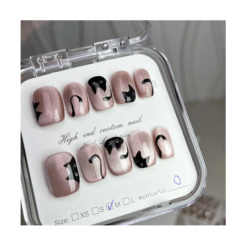 10 Stuks Originele Handgemaakte Kawaii Kat Pers Op Nagels Schattige Roze Cartoon Nep Nagels Verwijderbare Delicate Valse Nagels Nagel Bedels