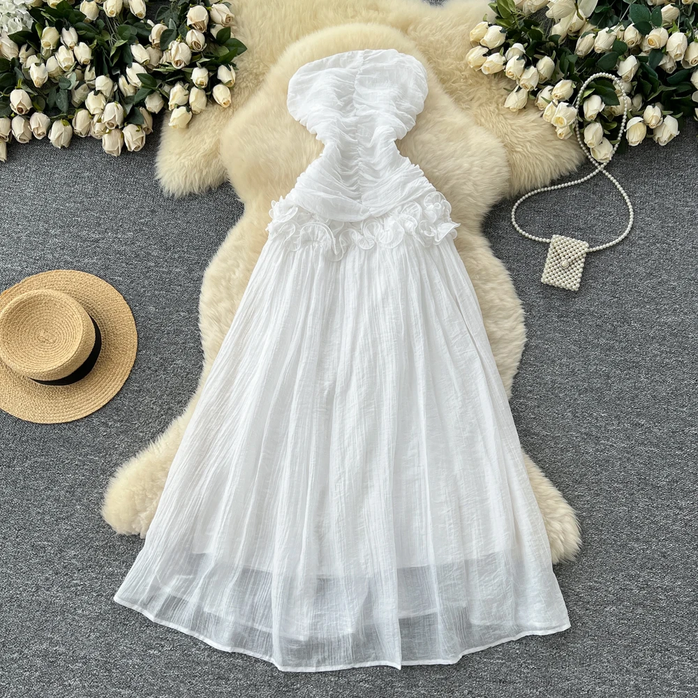 Chic vintage pleated mesh Ruched Elegant dress Fairy korean fashion Boho Sundress women clothing