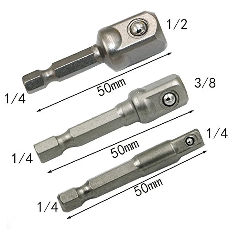 3 Stuks Boor Socket Adapter Klopboormachine Uitbreiding Boren Bar Socket Adapter 1/4 3/8 1/2 Size Hex Shank Vierkante Kop Boor