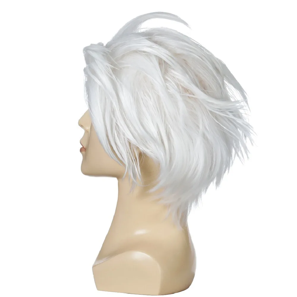 

Синтетический короткий вьющийся серебристо-белый парик с челкой для мужчин, косплей, Хэллоуин, аниме, вечерние накладные волосы, термостойкие