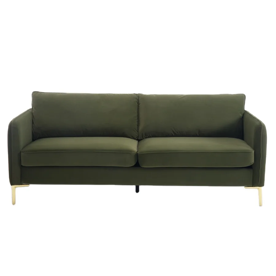 

Современный трехместный диван для гостиной, с деревянным каркасом и золотистыми металлическими ножками, обивка из ткани.