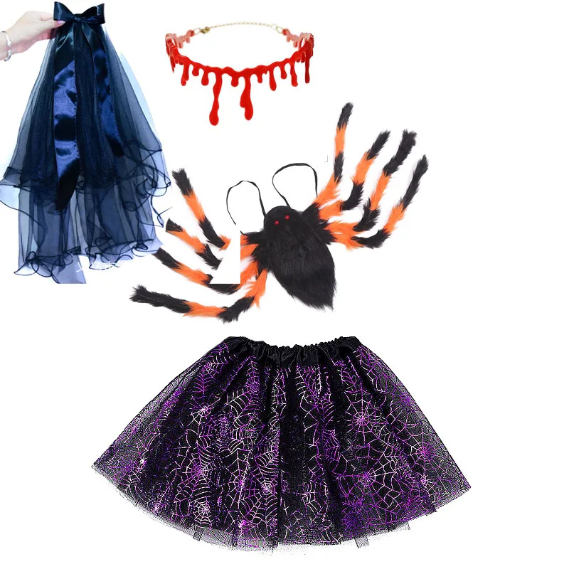 Children Halloween Costume Spider Candy Bags Web Tutu Skirt  Cosplay Headbands Party Holiday Decoration Black Pros