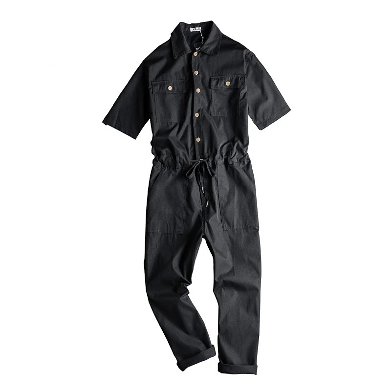 

Men's Jumpsuit Lapel Short Sleeve Knee-length Hip-hop Street Dress Coat Black Casual Pants Loose Casual Versatile Pants