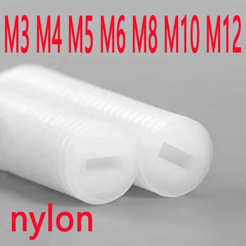 White Nylon Slotted Grub Screws (M3-M12) - Flat Head Headless Metric Set Screws