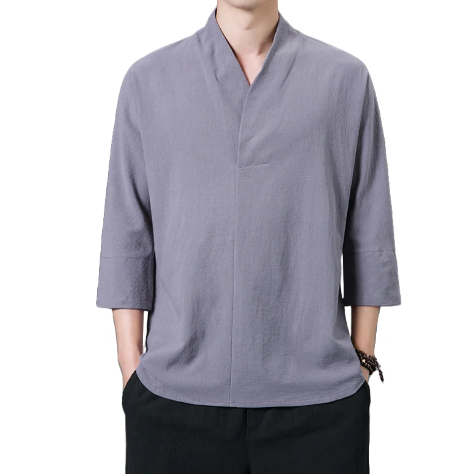 Hemp เสื้อผู้ชาย2023บุรุษฤดูใบไม้ผลิแขนยาว V-Neck เสื้อผู้ชาย Pure Slim Fit สไตล์จีนผ้าลินินชายเสื้อเสื้อลำลอง