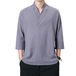 Hemp Shirt Men 2023 Mens Spring Long Sleeve V-Neck Shirts Men Soft Pure Slim Fit Chinese Style Linen Shirts Male Casual Blouse