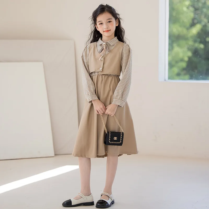 2024 Korean Spring Autumn Junior Girl Long Sleeve Dresses School Girl Patchwork One-piece Dress Children Girl Checkered Dress