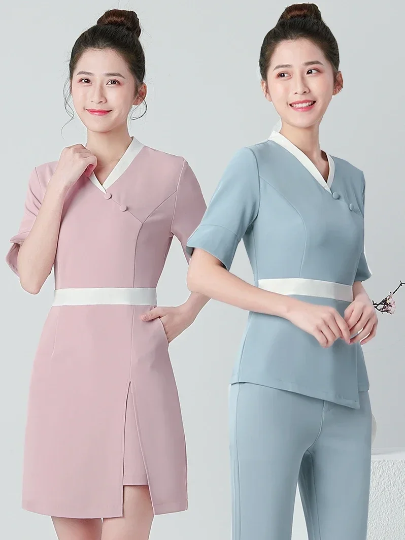 ใหม่ช่างเสริมสวยความเป็นผู้หญิง workwear ฤดูร้อนชุดนวดเท้าสปาคลับศูนย์สุขภาพ 1 ชิ้น