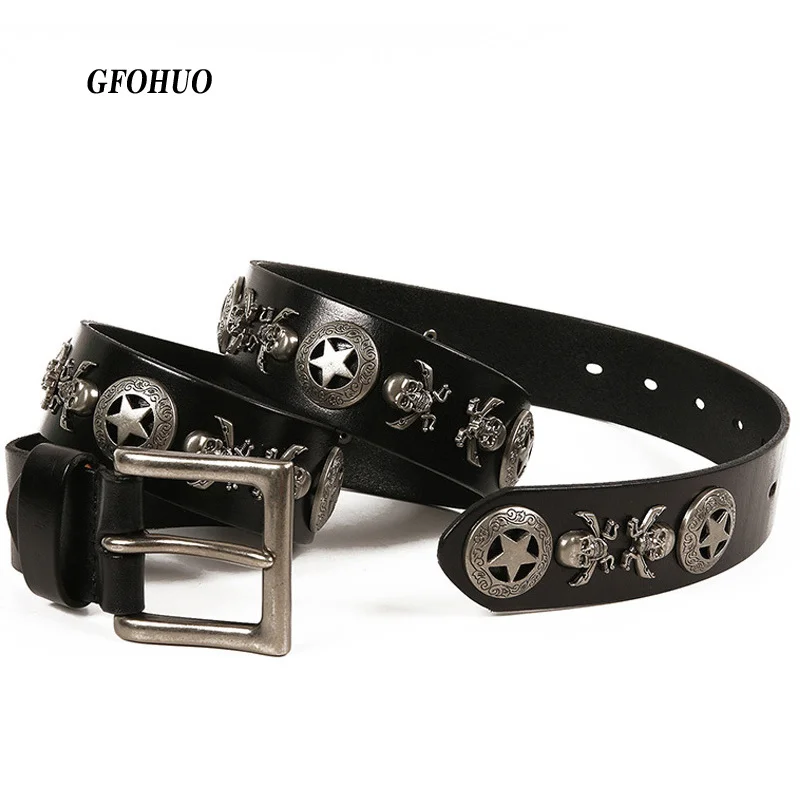 

Punk Belts Skull Rivet Studded for Men Women Jeans Genuine Leather with Pin Buckle High Quality Cool