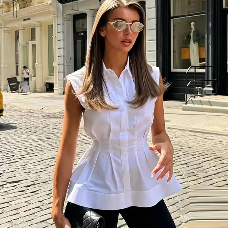 

Women Casual Sleeveless Slim Shirts Summer Female Blouse Pleated Turn-Down Collar Single Breasted Blouses Chic Lady Elegant Tops
