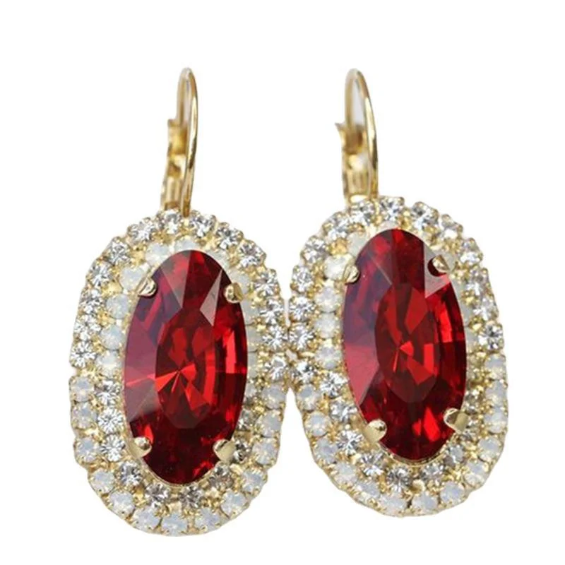 Luxury Fashion Gold Color Earrings Inlaid Zircon Oval Red Stone Wedding Drop Earrings for Women Bridal Engagement Jewelry