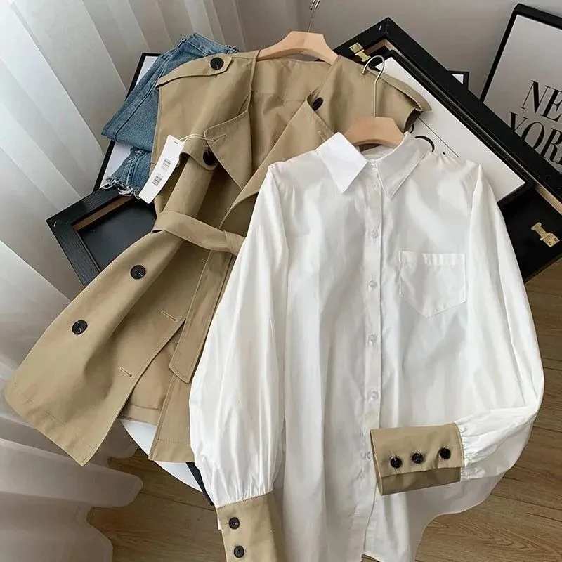 Office Two-piece Sets Loose White Long Sleeves Shirt+tie Waist Trench Coat Vest Suit Autumn Single-breasted Tooling Women Suits