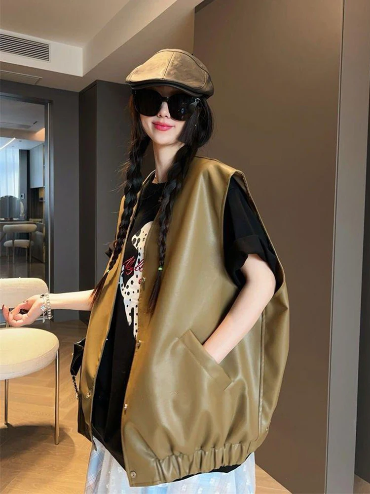Zoki الشارع الشهير ريترو Y2K Pu سترة المرأة فضفاضة موتو Harajuku فو سترة جلدية معطف الأمريكية خمر الخامس الرقبة جيوب Bf سترة القمم