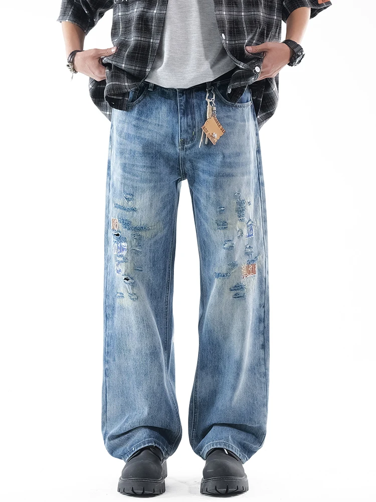 

Men Heavy Industry Jeans Distressed Wide Leg Vintage Patchwork Ripped Denim Pants Light Blue Casual Streetwear No Accessories