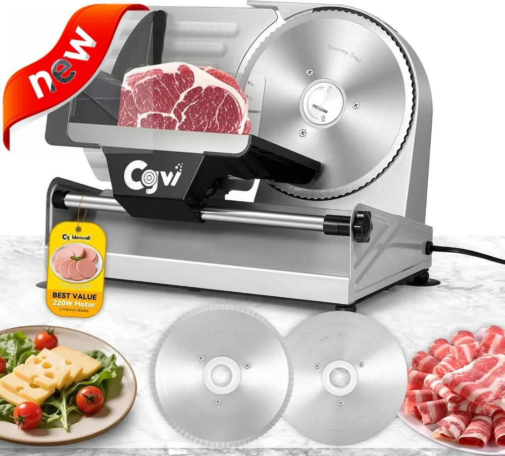 

Electric Food Slicer 220W with Dual Blades, Adjustable Thickness for Meat Cheese Bread Vegetables, 110V Home Kitchen Appliance