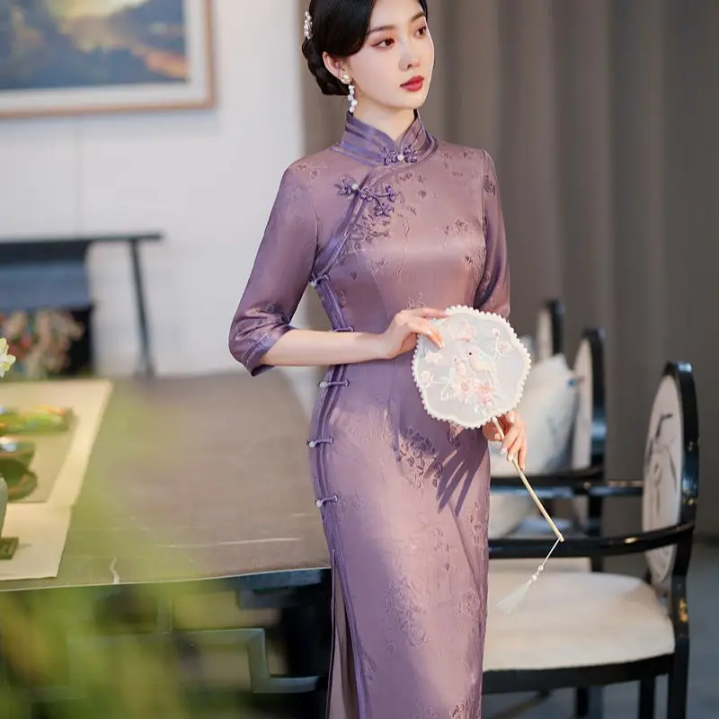 High Quality Improved High-End Real Silk Cheongsam Qipao Women's Retro China Style Lady Three-Quarter Sleeve Dress