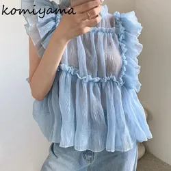 Sweet Chic Ruffles Shirts & Blouses Flying Sleeve Women 2024 Blusas Sleeveless Ropa Mujer Loose Camisas Korean Style Blusa