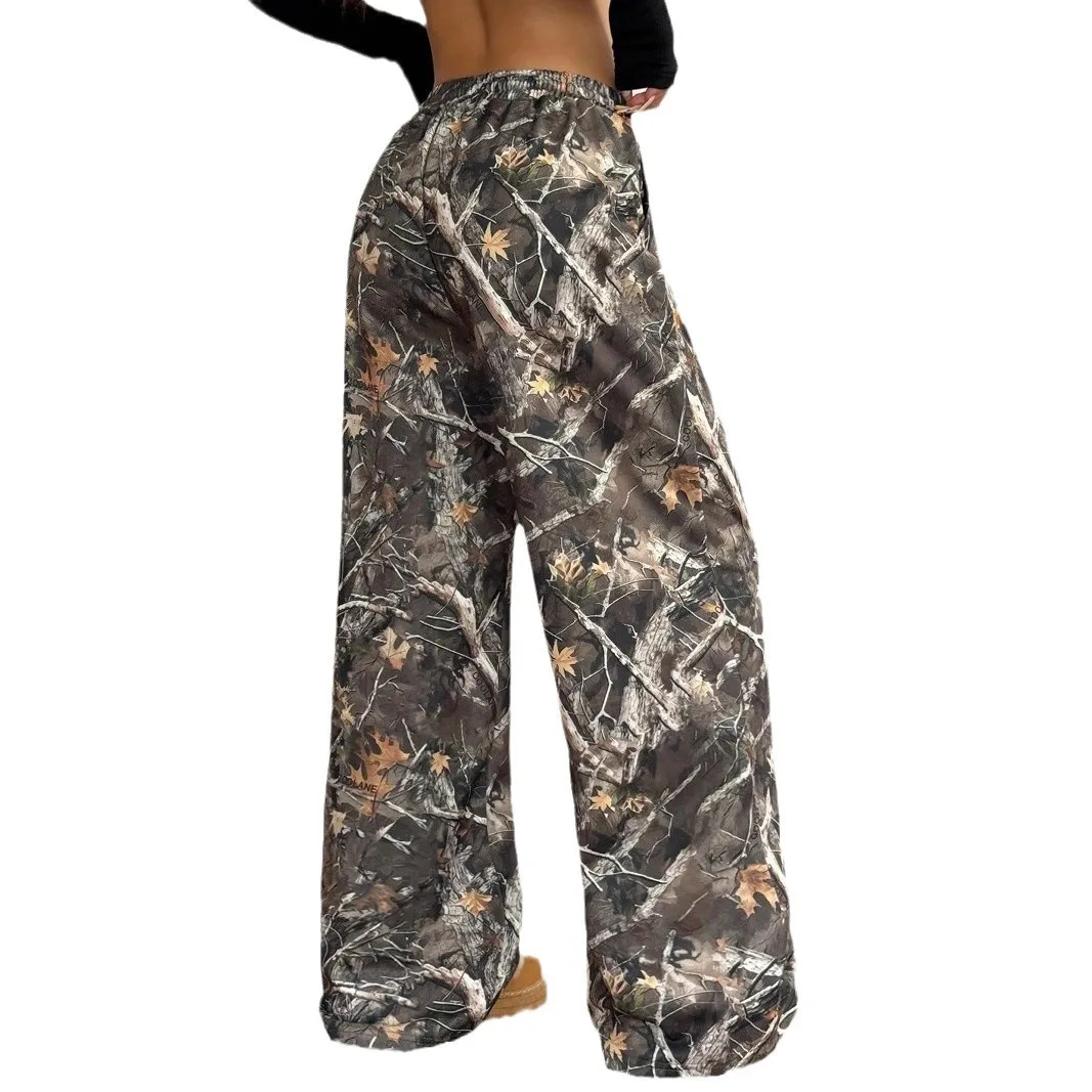 2025 American Teen Women's Fashion Casual Elastic Waist Camouflage Printing Skinny Wide Leg Floor Pants