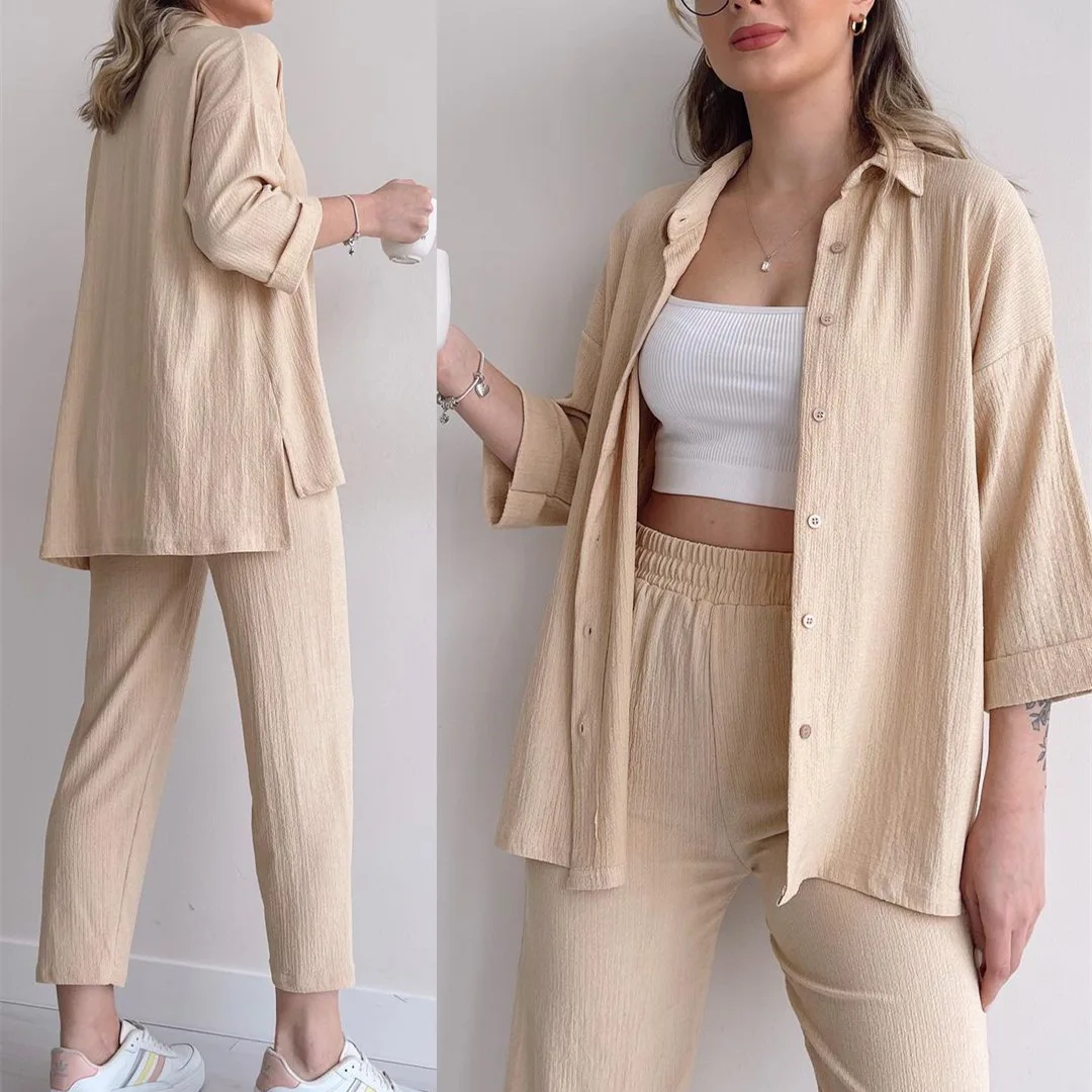 Women\'s Fashion Casual Suit Summer Long-sleeved Lapel Button-down Shirt Top High-waisted Trousers Wide-leg Pants Suit