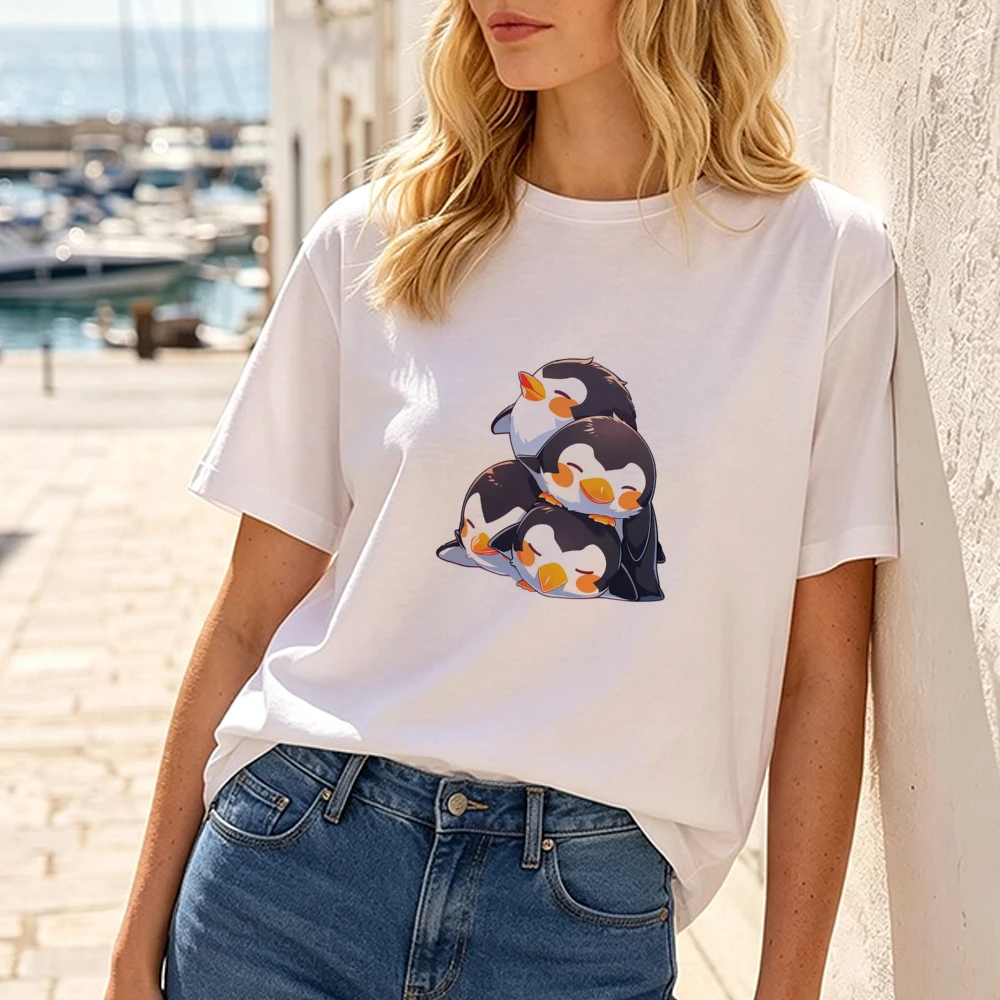 Pile of Cute Baby Penguins T Shirt Women Adorable Animal Lover Print Tee Kawaii Style Top Comfy Soft Daily Wear