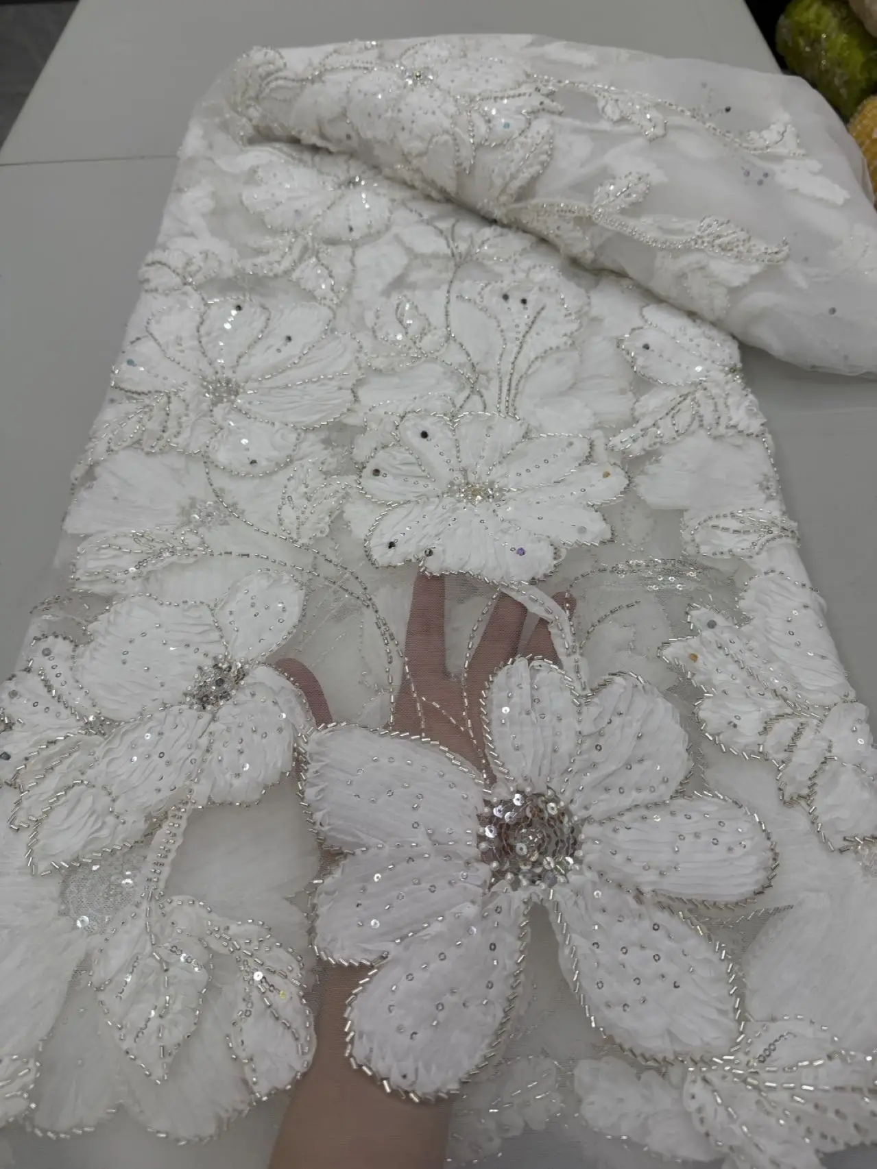 

5 Yards Luxury African Mesh Lace Sequin Fabric,For Sewing,Clothes,Beaded,Tulle,Wedding Dresses,Embroidery,Fabrics By The Meter