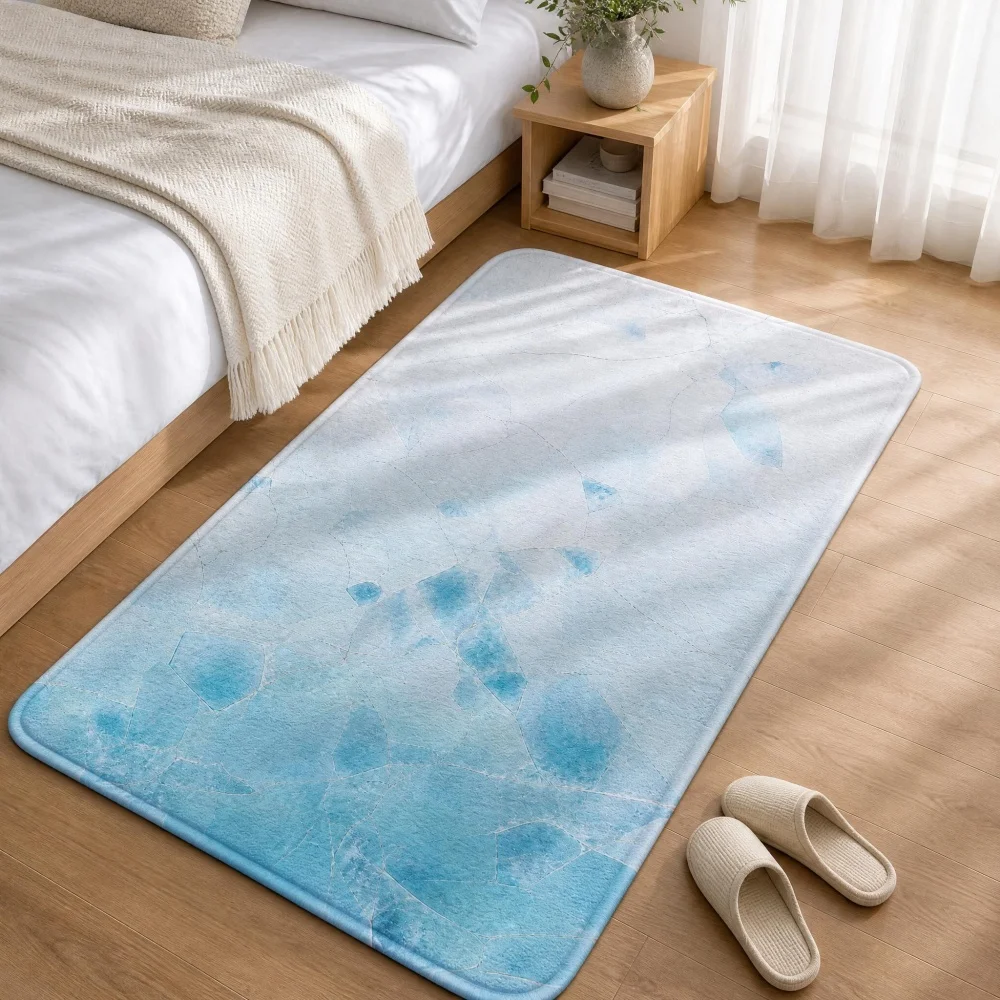 Light Blue Watercolor Marble Print Flannel Runner Rug, Gradient Stone Texture Non-Slip Bedside Floor Mat,Minimalist Decor Carpet