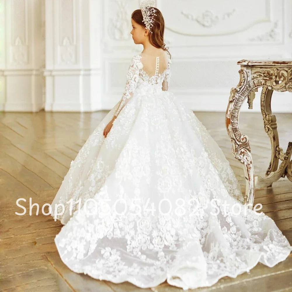 Customized White Floral Elegant Wedding Flower Girl Dress Round Neck Long Sleeve Beaded Applique Wedding Flower Gril Dress