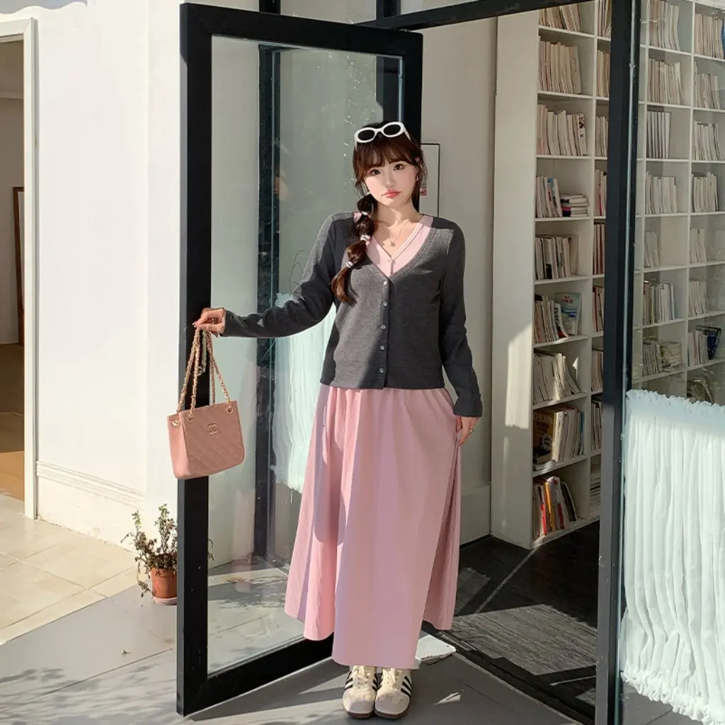 

Розовая юбка трапециевидной формы с высокой талией для женщин больших размеров, элегантная утягивающая осенняя юбка средней длины, закрывающая телесность 63488