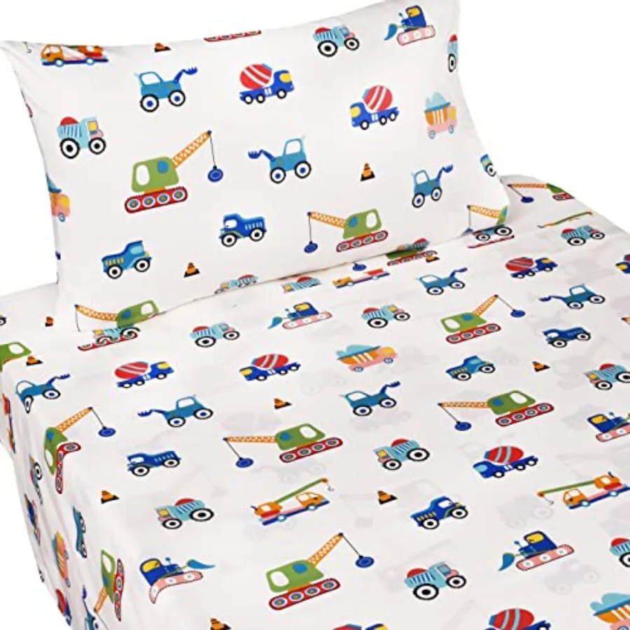 

Build Construction Engineering Vehicle Trucks Crane Digger Cartoon 100% Cotton Twin 3 Pieces Sheet Set Decoration Boys Flat She