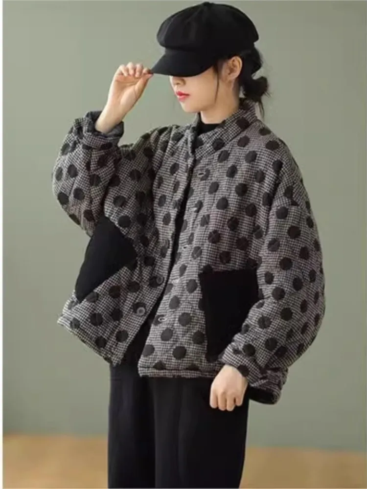 Oversized Winter Padded Cotton Coat Women Polka Dot Print Fashion Long Sleeve Ladies Cropped Jackets Loose Casual Woman Coats