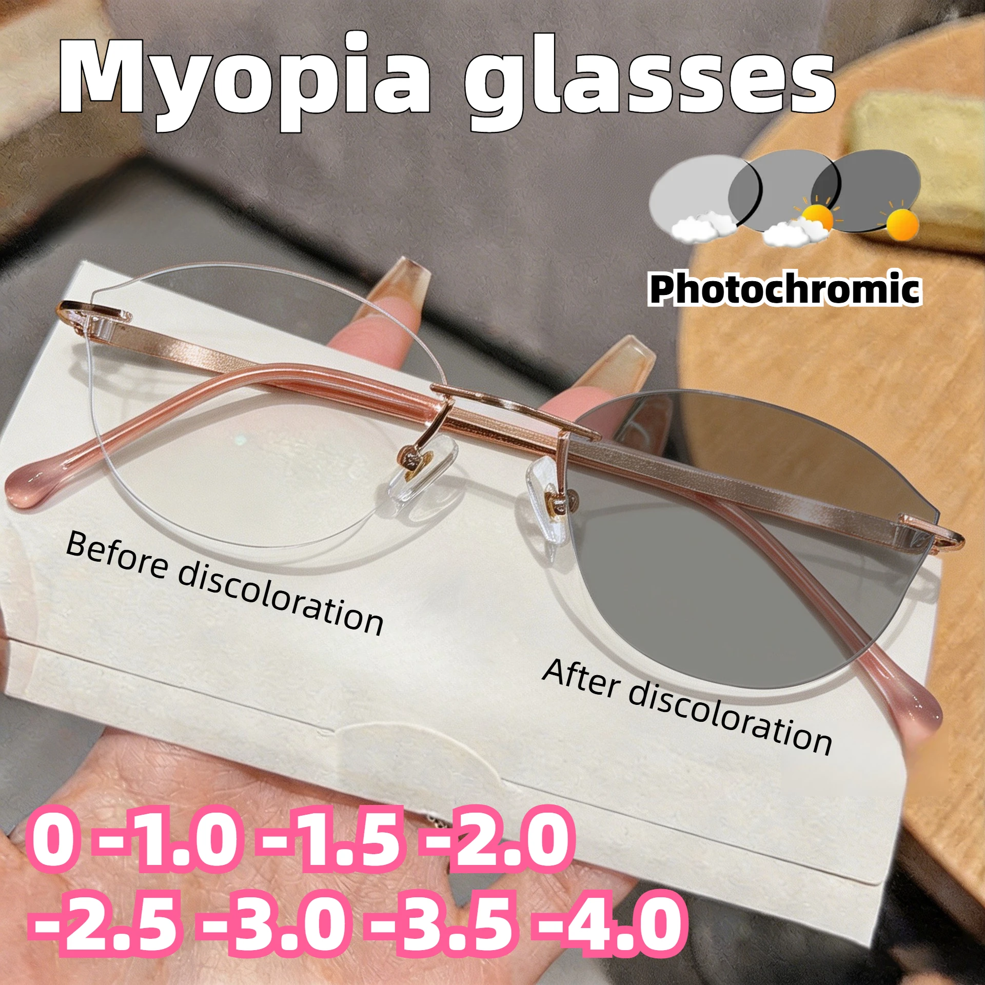 Photochromic Rimless Myopia Glasses with Ultra Light Frame Anti Blue Light Indoor and Outdoor Use Prescription Glasses 0 To -4.0