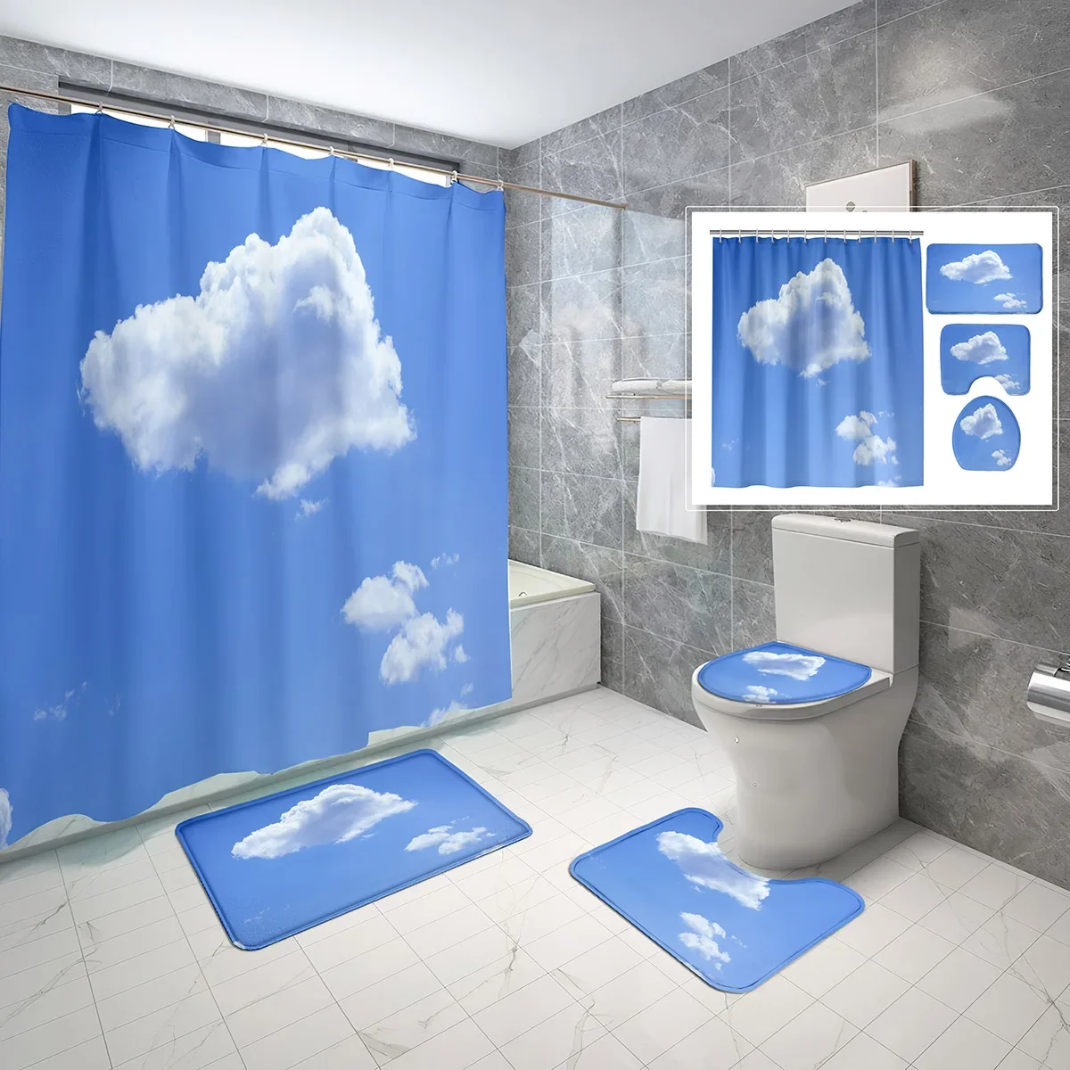 4 Piece Cloud Shower Curtain Sets Simple Blue Sky Clouds with Non-Slip Rugs Toilet Lid Cover and Waterproof Shower Curtain Set