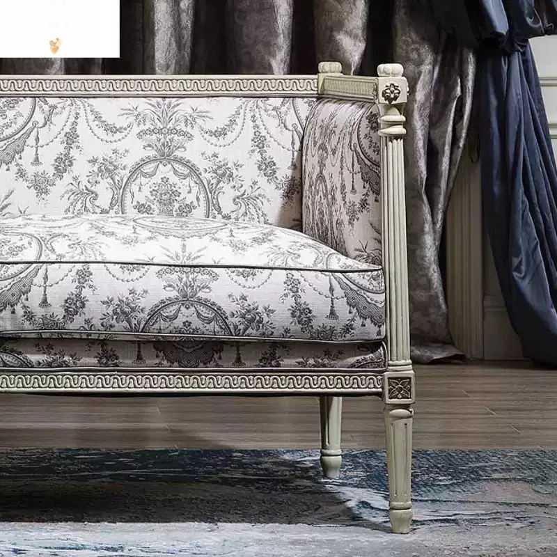 Neoclassical sofa, European solid wood carving sofa, large-sized fabric three-person sofa