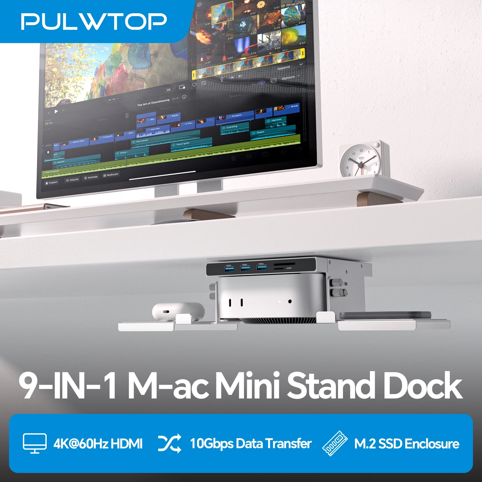 PULWTOP Mac mini M4 Dock with M.2 NVMe 8TB SSD Enclosure(NOT Included), HDMI 4K 60Hz, USB-A 10Gbps for Mac mini M4/M4 Pro 2024