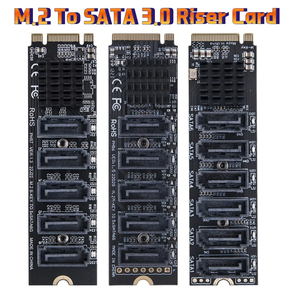 Riser Card M.2 Key JMB585 For NVME Converter M.2 To SATA 3.0 M.2 MKEY PCI-E Expansion Card 5/6 Port SATA III 6G SSD Adapter