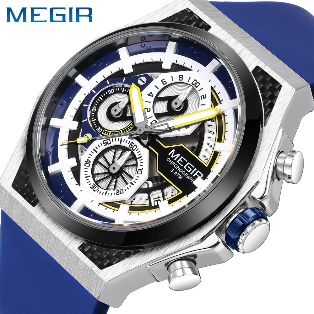 MEGIR Chronograph Watch for Men Luxury Silicone Strap Quartz Wristwatch Man Luminous Calendar Waterproof Male Watches
