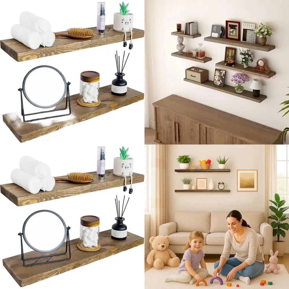 

Set of 2 30 Rustic Walnut Floating Shelves, Solid Wood Wall Mounts, Heavy Duty Brackets, 30x6.7x1.25