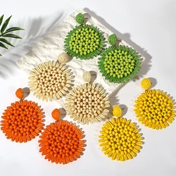 AENSOA Bohemian Raffia Wood Beaded Flower Drop Earrings for Women Handmade Rattan Knit Floral Earrings Summer Beach Jewelry